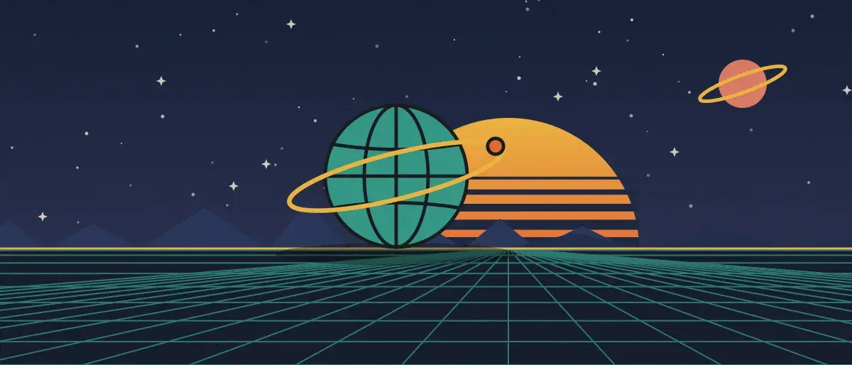 Ilustración retrofuturista: un atardecer a rayas sobre un horizonte de cuadrícula verde azulado bajo un cielo nocturno estrellado, con un globo con anillos en el horizonte.