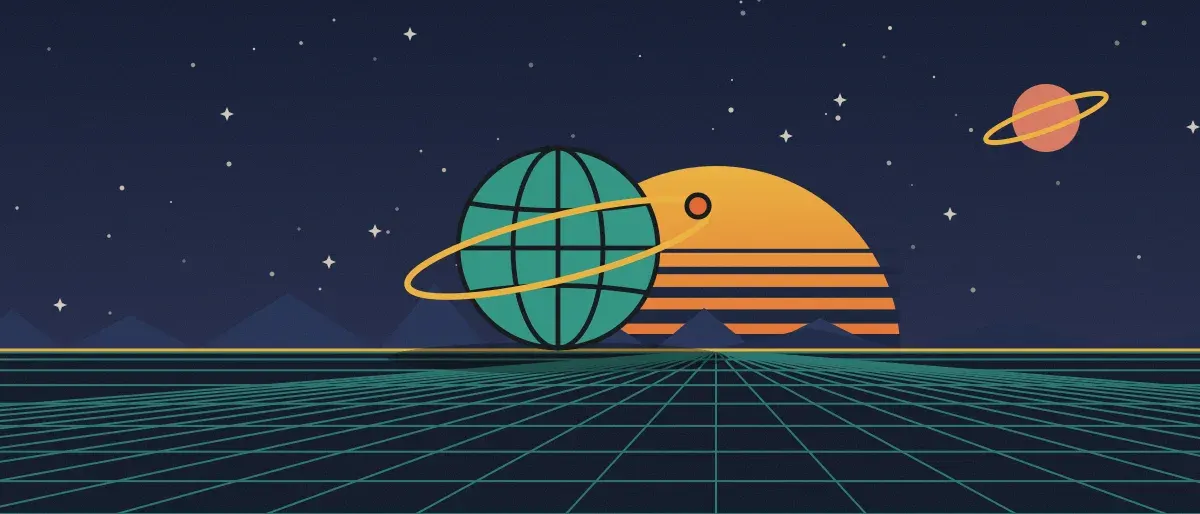 Ilustración retrofuturista: un atardecer a rayas sobre un horizonte de cuadrícula verde azulado bajo un cielo nocturno estrellado, con un globo con anillos en el horizonte.
