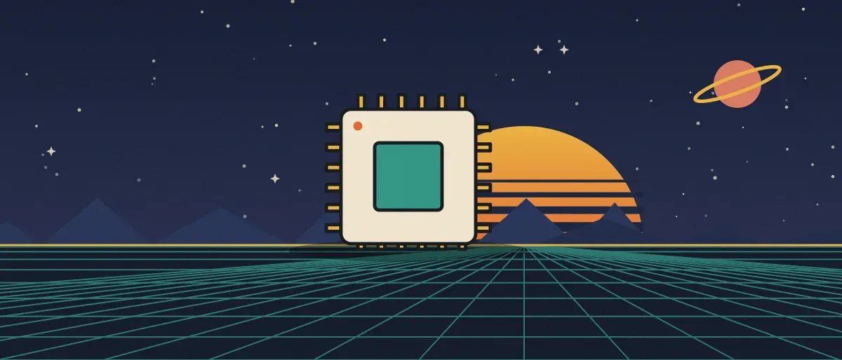 Ilustración retrofuturista: un atardecer a rayas sobre un horizonte de cuadrícula turquesa bajo un cielo nocturno estrellado, con un microchip sobre el horizonte.