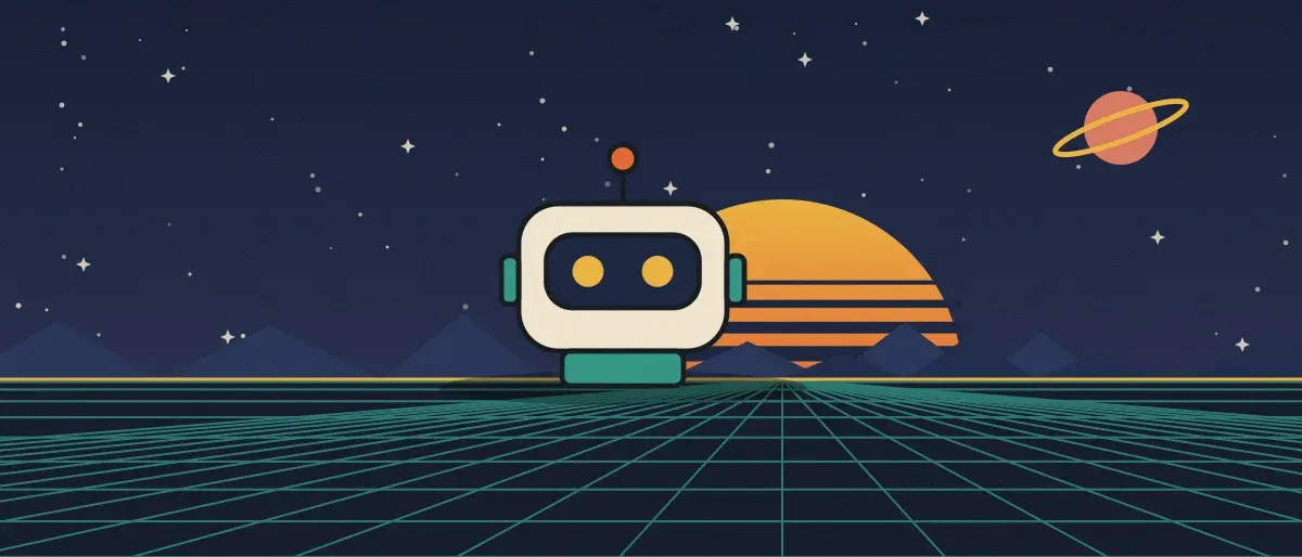 Ilustración retrofuturista: un atardecer a rayas sobre un horizonte de cuadrícula verde azulado bajo un cielo nocturno estrellado, con un robot cuadrado de pie en el horizonte.