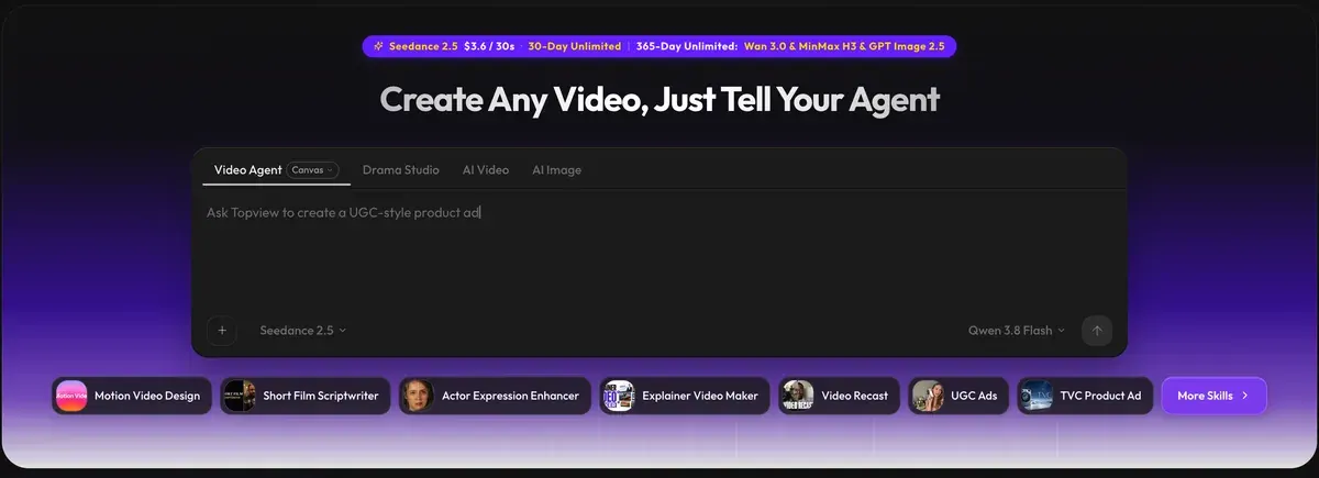 Topview's home page: a Video Agent prompt box with Drama Studio, AI Video and AI Image tabs, a Seedance 2.5 model picker and shortcuts for UGC Ads, TVC Product Ad, Explainer Video Maker and Motion Video Design