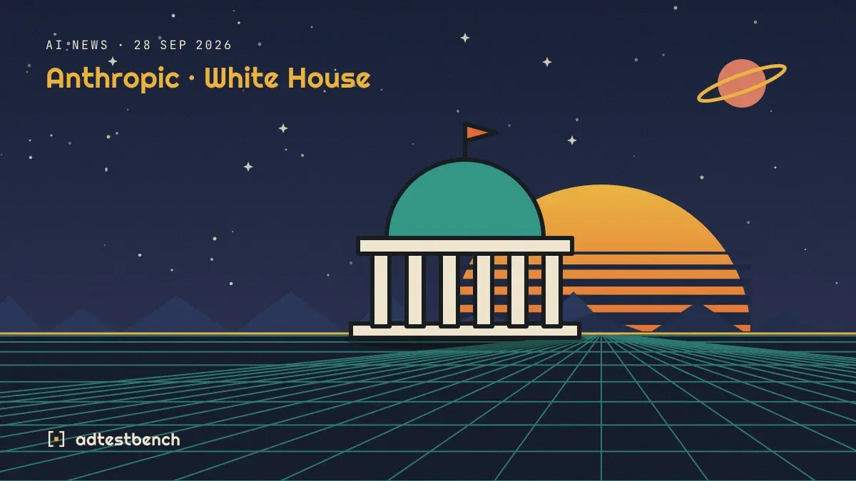 Retro-futurist illustration: a striped sunset over a grid horizon under a starry sky, with a government dome standing on the horizon.