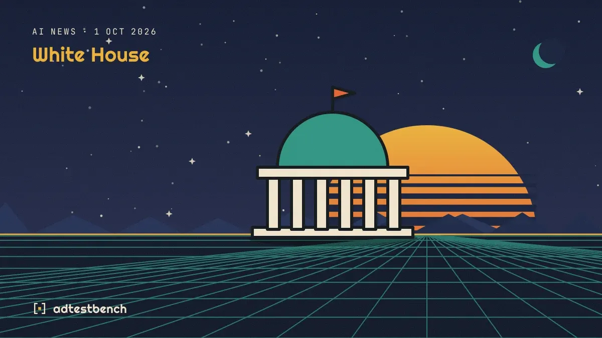 Retro-futurist illustration: a striped sunset over a grid horizon under a starry sky, with a parliament dome standing on the horizon.