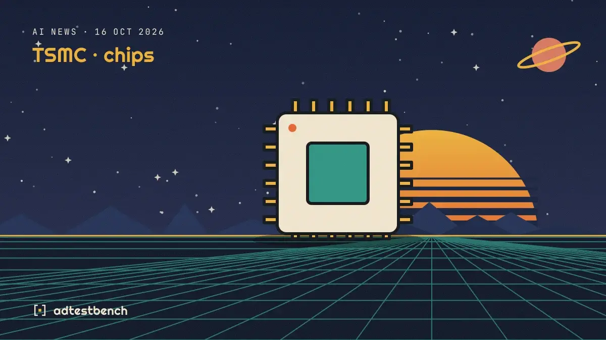 Retro-futurist illustration: a striped sunset over a grid horizon under a starry sky, with a chip motif standing on the horizon.