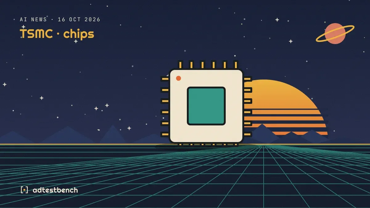 Retro-futurist illustration: a striped sunset over a grid horizon under a starry sky, with a chip motif standing on the horizon.