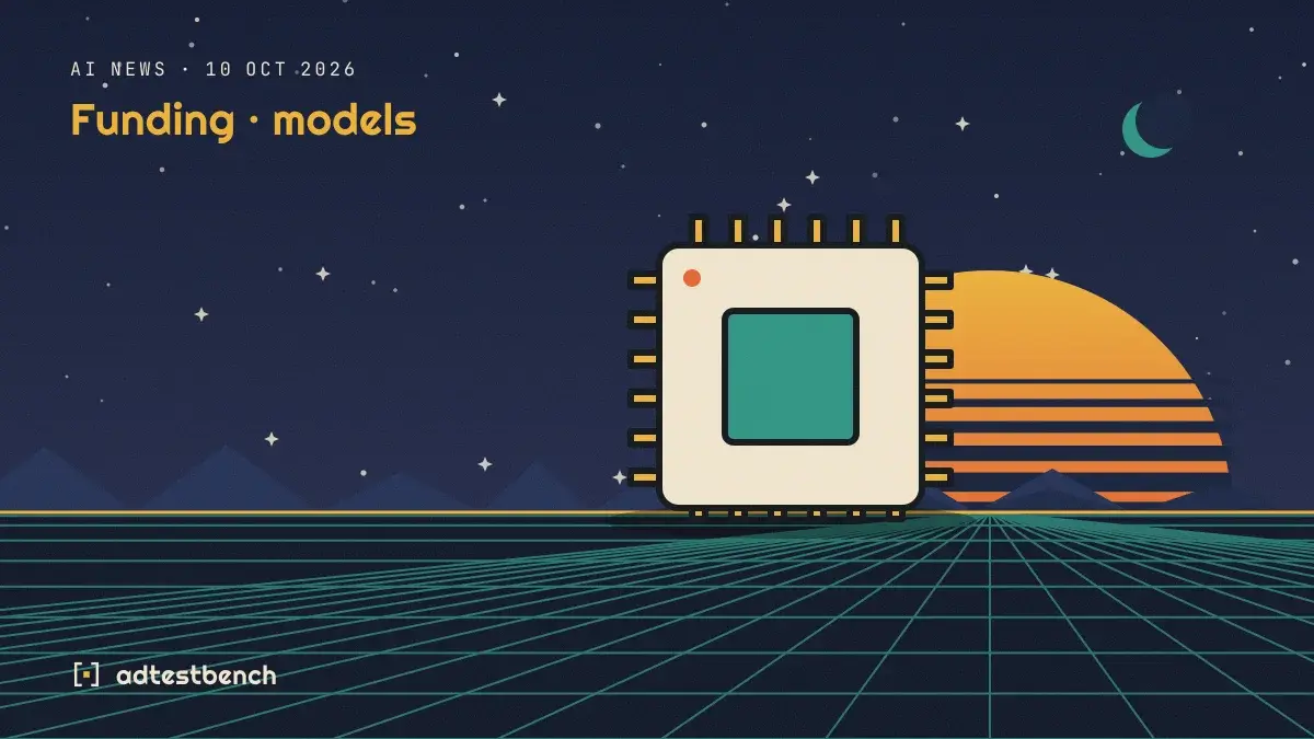 Retro-futurist illustration: a striped sunset over a grid horizon under a starry sky, with a computer chip standing on the horizon.
