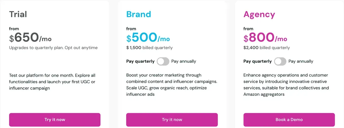 Página de precios de Insense: Trial desde $650 al mes, Brand desde $500 al mes facturados cada trimestre por $1,500, Agency desde $800 al mes facturados cada trimestre por $2,400