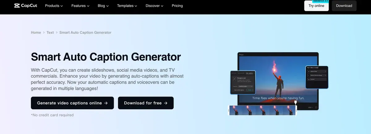 Página del generador de subtítulos automáticos de CapCut con el panel de subtítulos en el editor