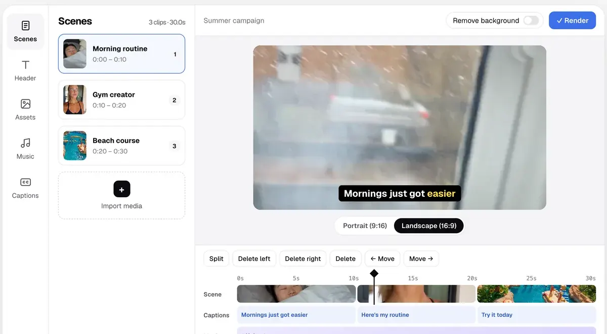 Editor de video de MakeUGC con una lista de escenas, un subtítulo en la vista previa y una línea de tiempo con una pista de subtítulos