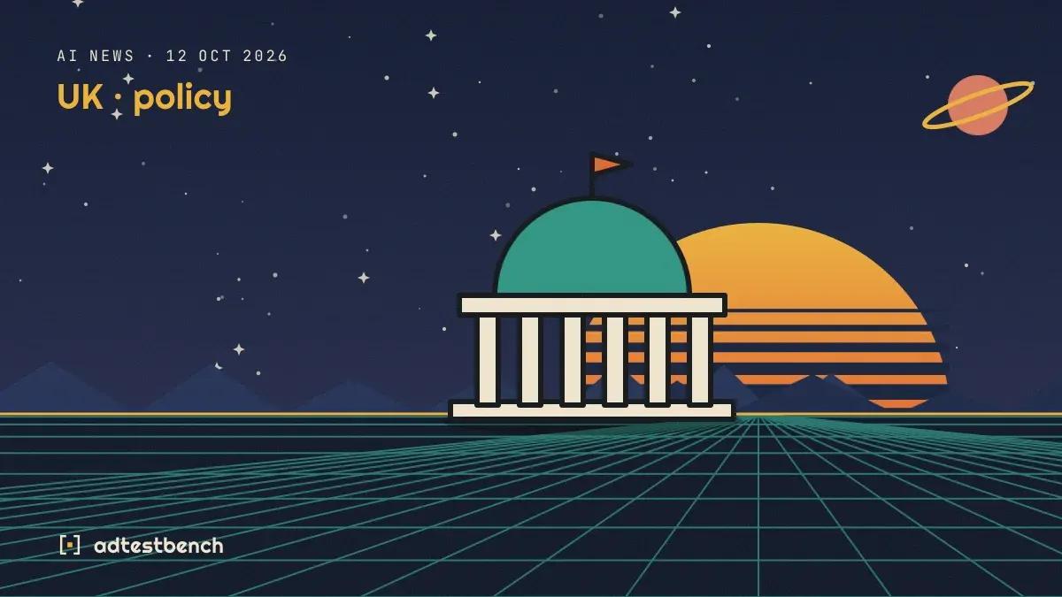 Retro-futurist illustration: a striped sunset over a grid horizon under a starry sky, with a parliament dome standing on the horizon.