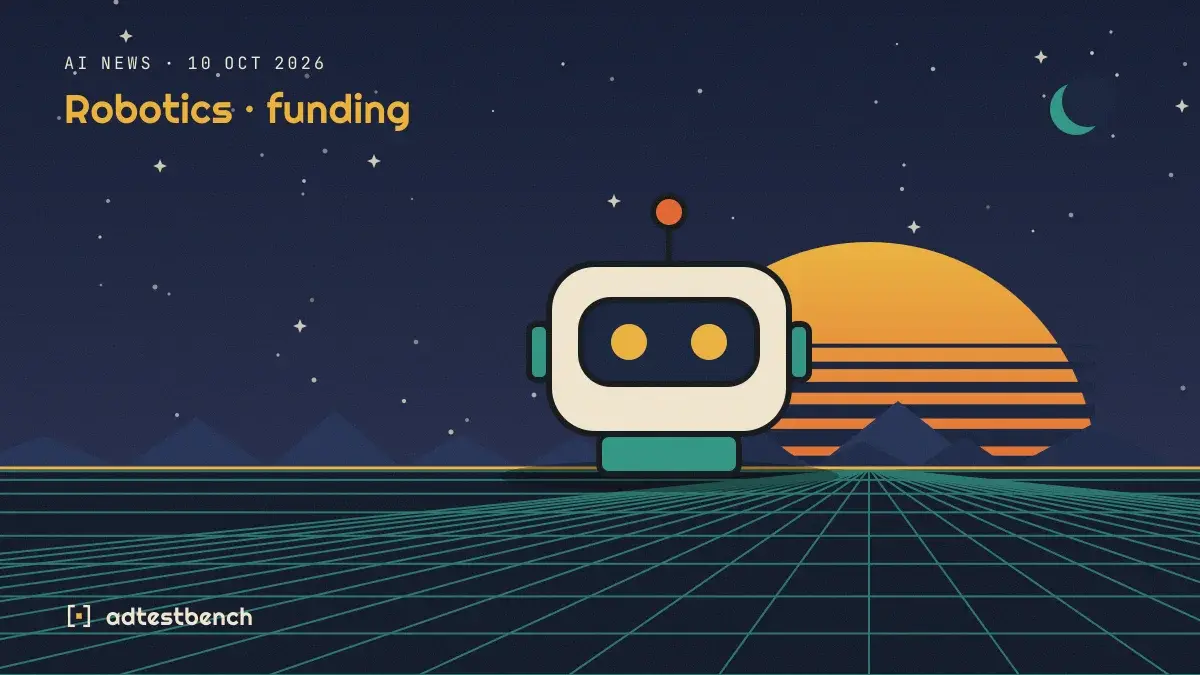 Retro-futurist illustration: a striped sunset over a grid horizon under a starry sky, with a robot standing on the horizon.