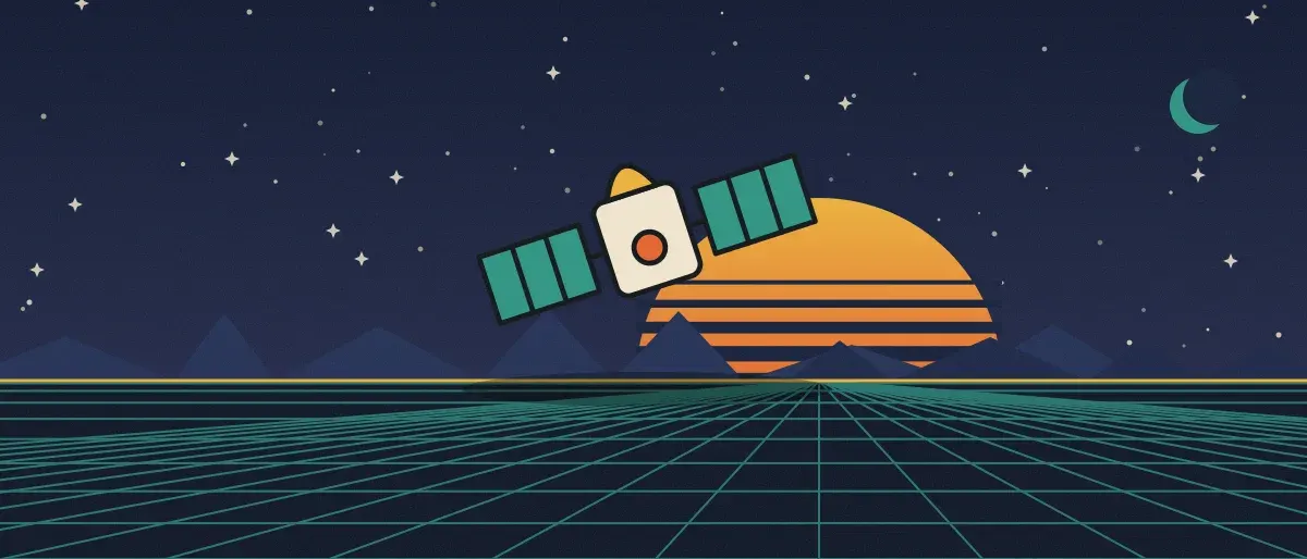 Retro-futurist illustration: a striped sunset over a teal grid horizon under a starry night sky, with a satellite standing on the horizon.