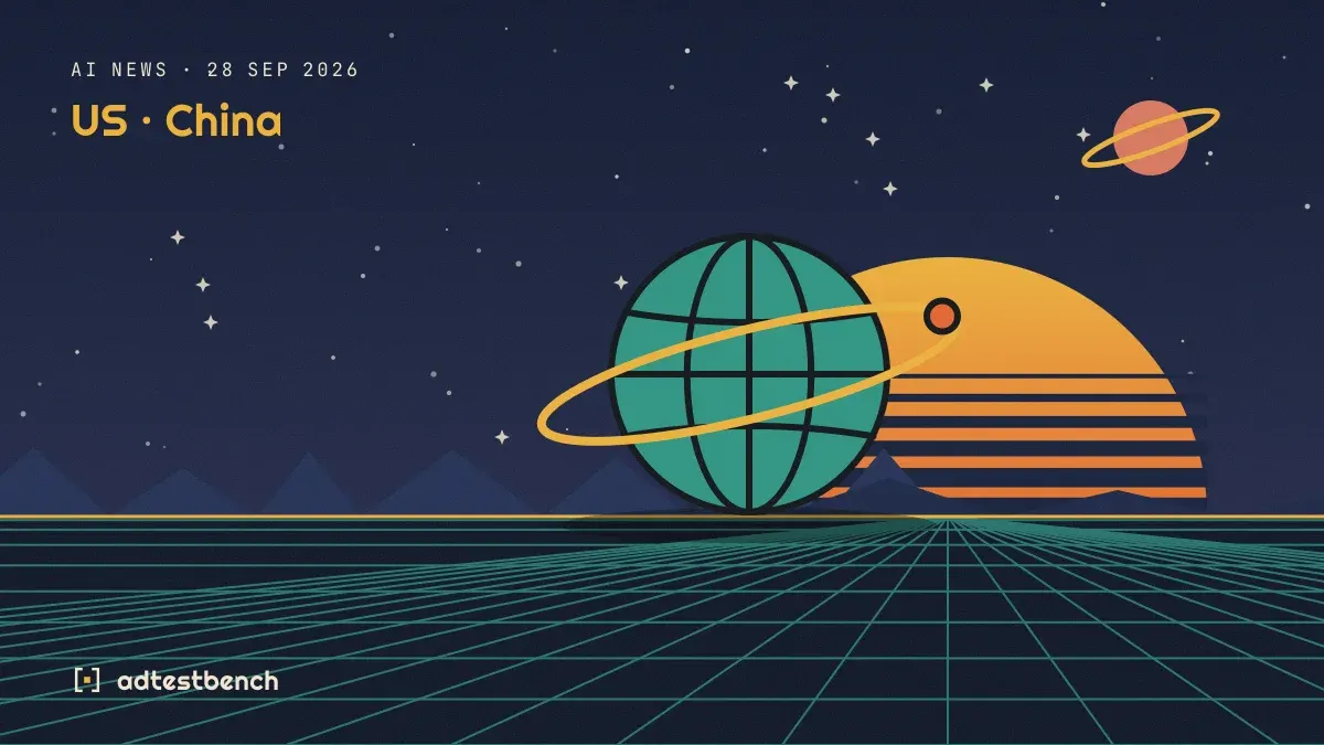 Retro-futurist illustration: a striped sunset over a grid horizon under a starry sky, with a ringed globe standing on the horizon.