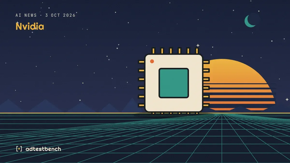Retro-futurist illustration: a striped sunset over a grid horizon under a starry sky, with a microchip standing on the horizon.
