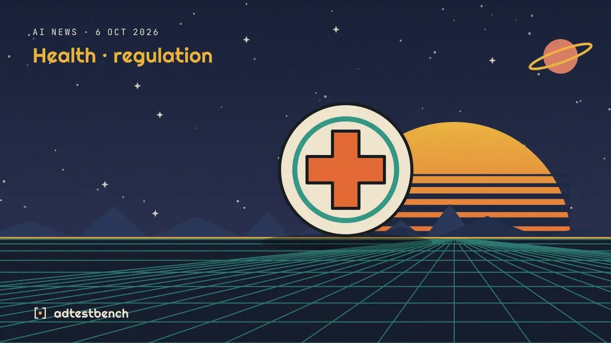 Retro-futurist illustration: a striped sunset over a grid horizon under a starry sky, with a medical cross standing on the horizon.