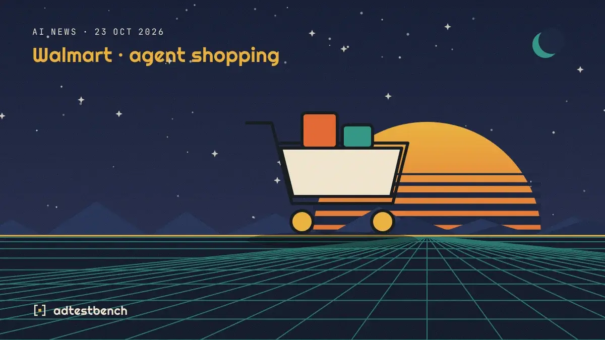 Retro-futurist illustration: a striped sunset over a grid horizon under a starry sky, with a shopping cart standing on the horizon.