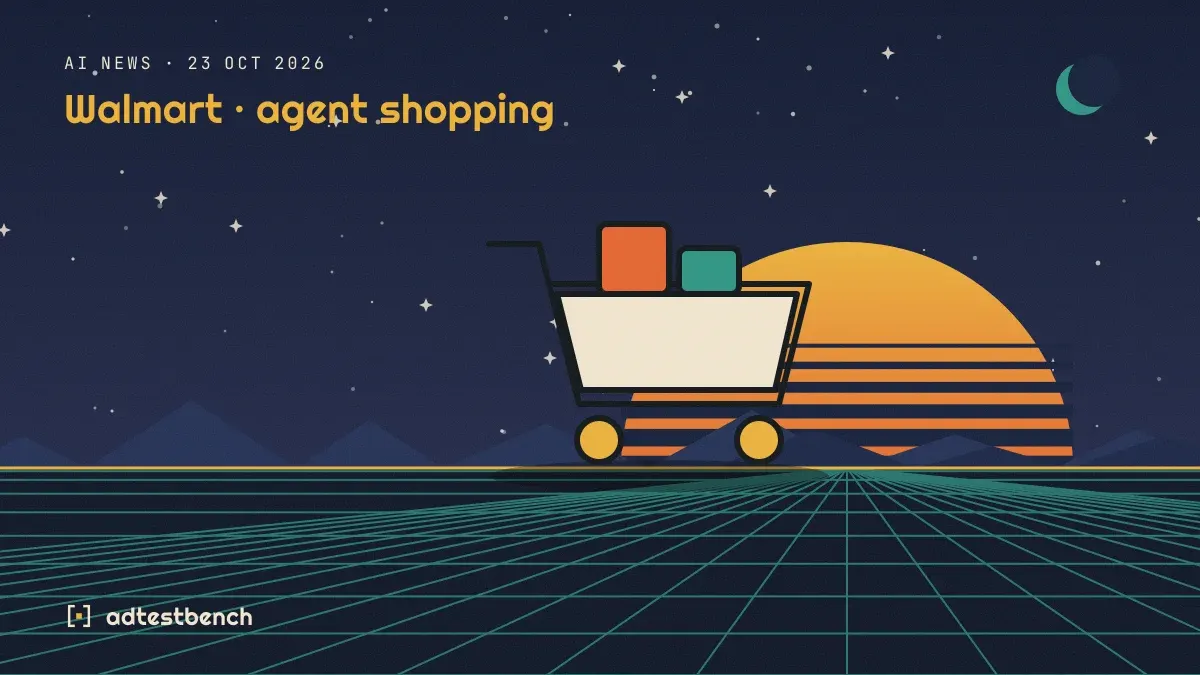 Retro-futurist illustration: a striped sunset over a grid horizon under a starry sky, with a shopping cart standing on the horizon.