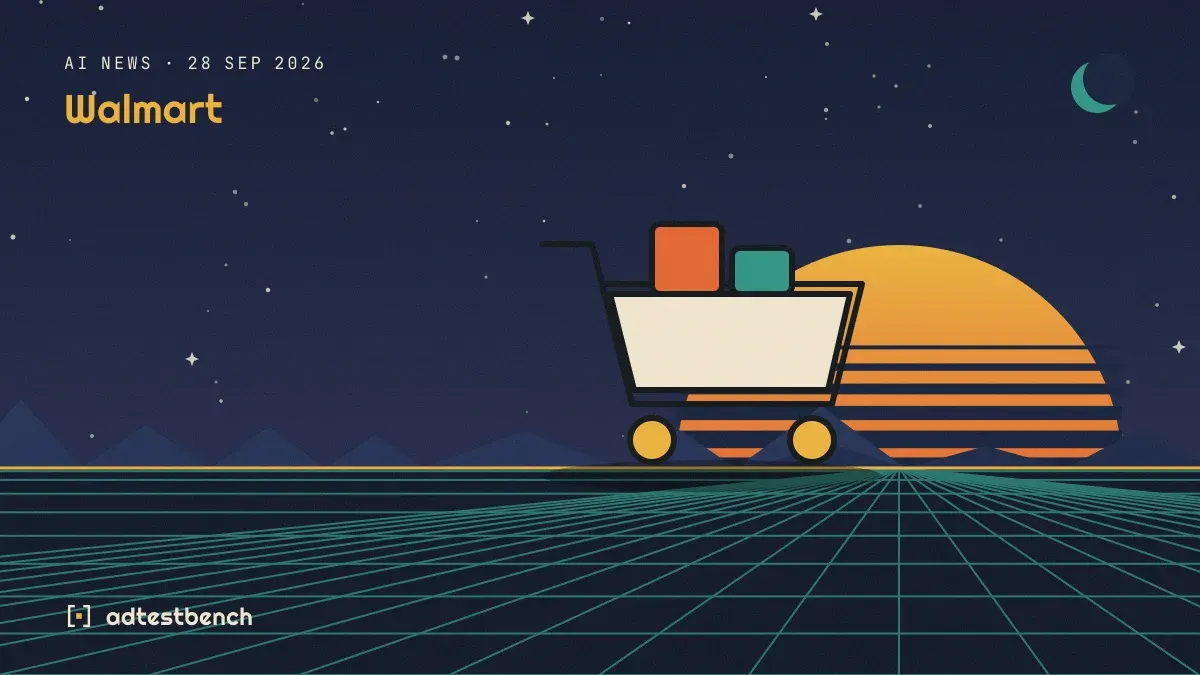 Retro-futurist illustration: a striped sunset over a grid horizon under a starry sky, with a shopping cart standing on the horizon.