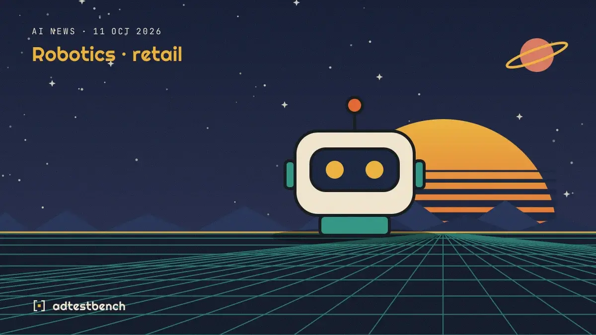 Retro-futurist illustration: a striped sunset over a grid horizon under a starry sky, with a robot head standing on the horizon.