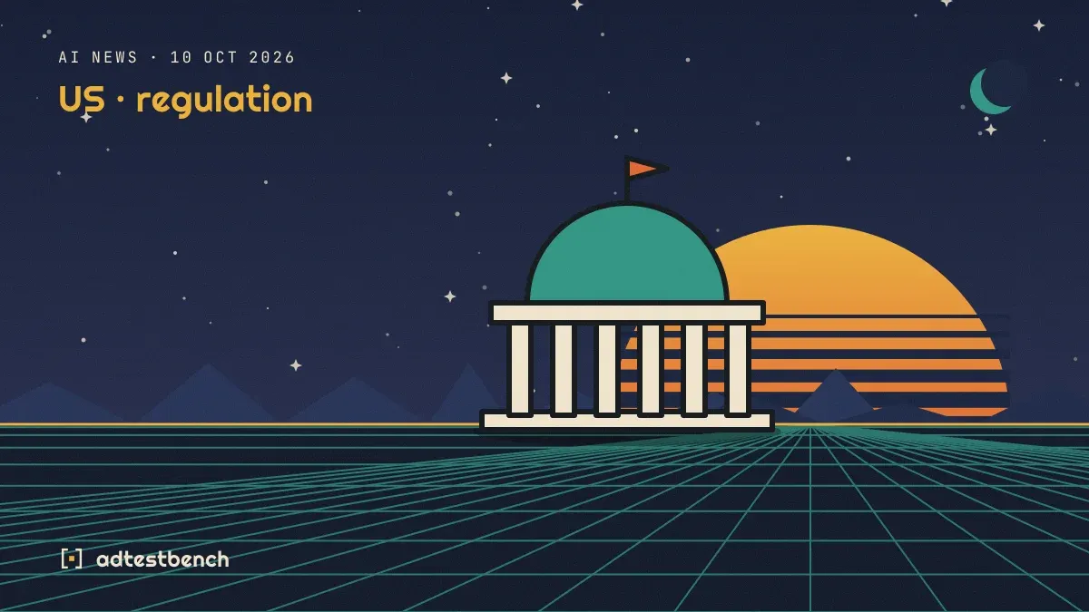 Retro-futurist illustration: a striped sunset over a grid horizon under a starry sky, with a parliament dome standing on the horizon.