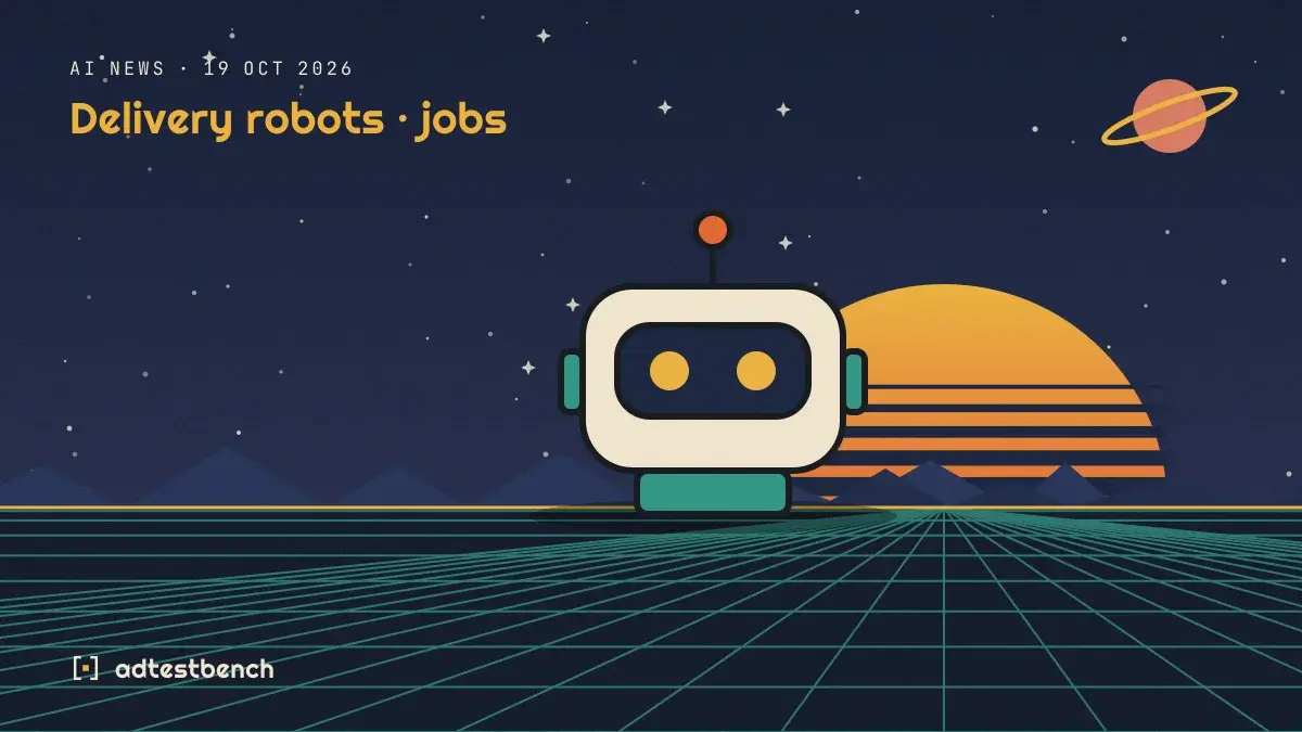 Retro-futurist illustration: a striped sunset over a grid horizon under a starry sky, with a robot motif standing on the horizon.