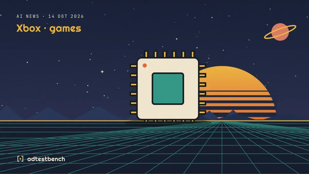 Retro-futurist illustration: a striped sunset over a grid horizon under a starry sky, with a chip motif standing on the horizon.